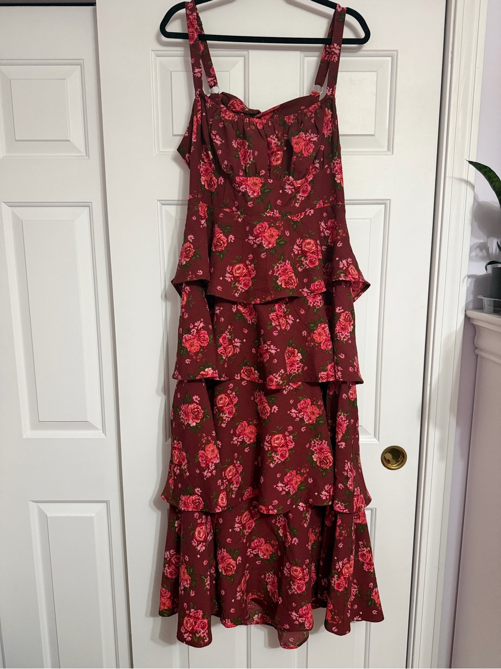 ARULA Burgundy Maxi Dress with Pink Rose Print